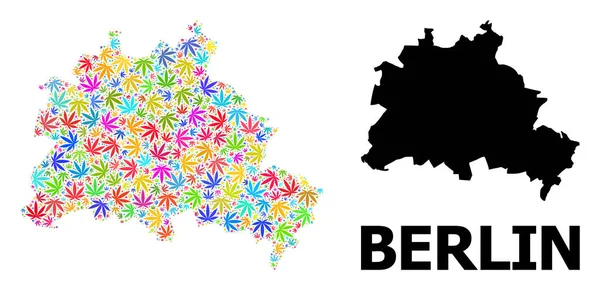 Vektormosaik-Karte der Stadt Berlin mit psychedelischen Cannabisblättern und solider Karte — Stockvektor