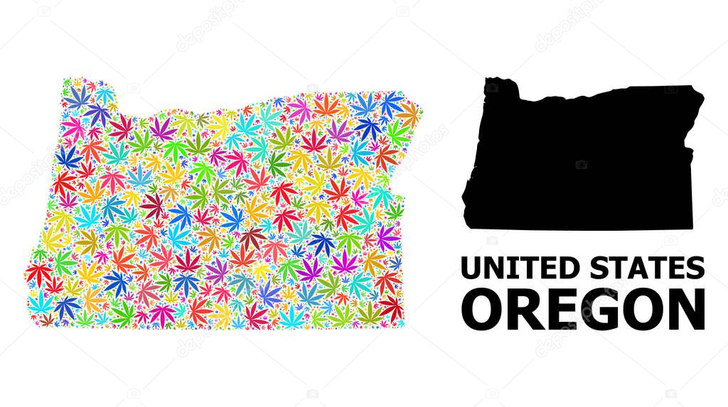 Vector Collage Map of Oregon State of Bright Cannabis Leaves and Solid Map