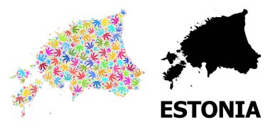 Estonya Renkli Kenevir Yaprakları ve Solid Haritası Vektör Kolajı