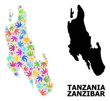 Zanzibar 'ın Parlak Kenevir Yaprakları ve Katı Haritası Vektör Mozaik Haritası