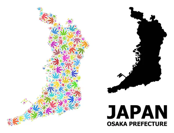Mapa da Colagem de Vetores da Prefeitura de Osaka de Folhas de Cannabis Coloridas e Mapa Sólido —  Vetores de Stock