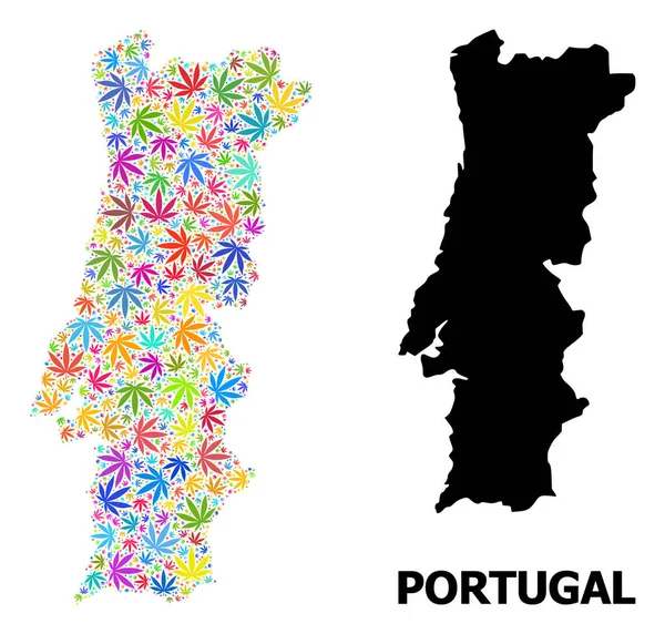 Vector Mosaic Map of Portugal of Bright Cannabis Leaves and Solid Map — Stock Vector