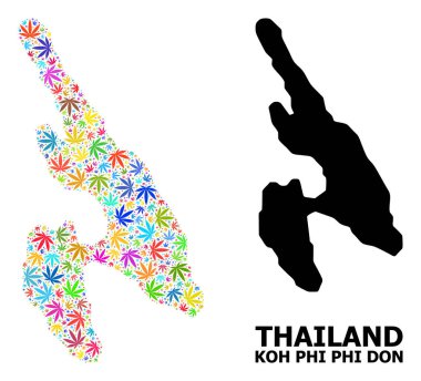 Renkli Esrar Yaprakları ve Katı Haritası 'nın Koh Phi Don Vektörü Mozaik Haritası