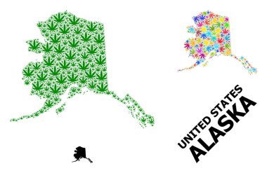 Alaska Eyaleti Renkli ve Yeşil Ot Yaprakları ve Kolaj Haritası