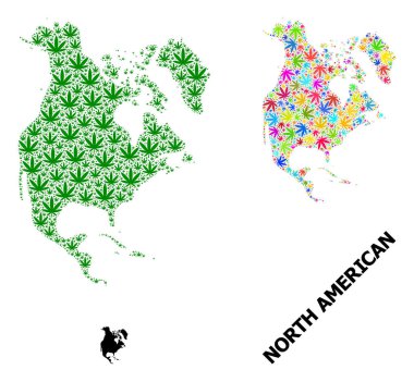 Kuzey Amerika 'nın Vektör Mozaik Haritası Renkli ve Yeşil Marihuana Yaprakları ve Katı Harita