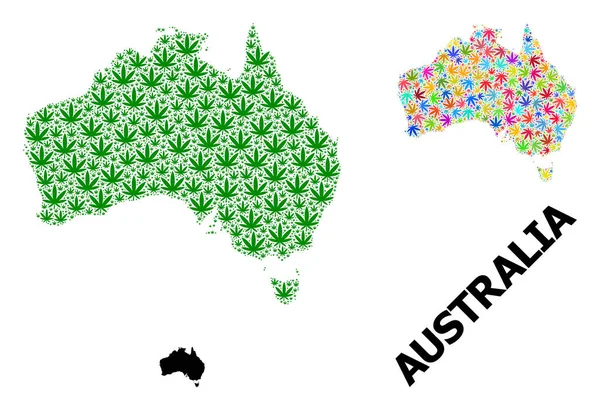 緑と緑のマリファナの葉と固体地図のオーストラリアのベクトルコラージュ地図 — ストックベクタ