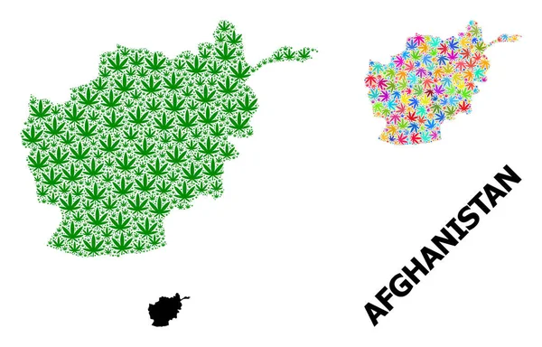 Vector Collage Mapa de Afganistán de hojas de marihuana psicodélicas y verdes y mapa sólido — Vector de stock