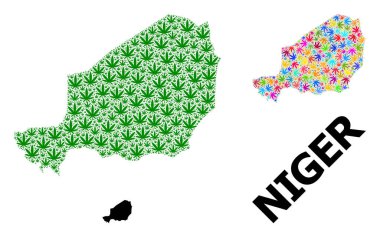 Nijer 'in Renkli ve Yeşil Kenevir Yaprakları ve Somut Haritası Vektör Mozaik Haritası