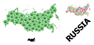 Rusya 'nın Psikedelik ve Yeşil Baldıran Yaprakları ve Katı Haritası Vektör Mozaik Haritası