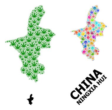 Ningxia Hui Bölgesi Vektör Kolajı Psikedelik ve Yeşil Ot Yaprakları ve Katı Harita