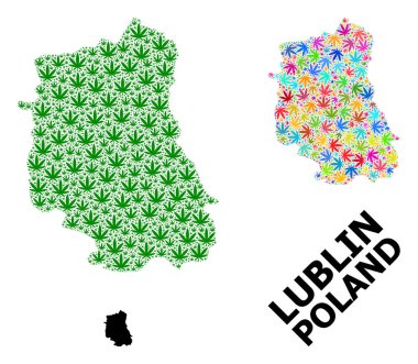 Lublin 'in Parlak ve Yeşil Ot Yaprakları ve Katı Haritası Vektör Mozaik Haritası