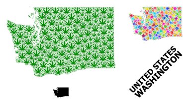 Vector Collage Map of Washington State of Colored and Green Hemp Leaves and Solid Map clipart