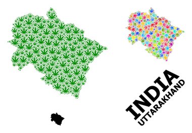 Uttarakhand Renkli ve Yeşil Esrar Yaprakları ve Kolaj Haritası