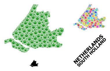 Parlak ve Yeşil Marihuana Yaprakları ve Katı Harita Güney Hollanda Vektör Mozaik Haritası