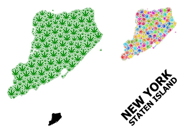 Vektor-Mosaik-Karte von Staten Island mit bunten und grünen Marihuana-Blättern und solider Landkarte — Stockvektor