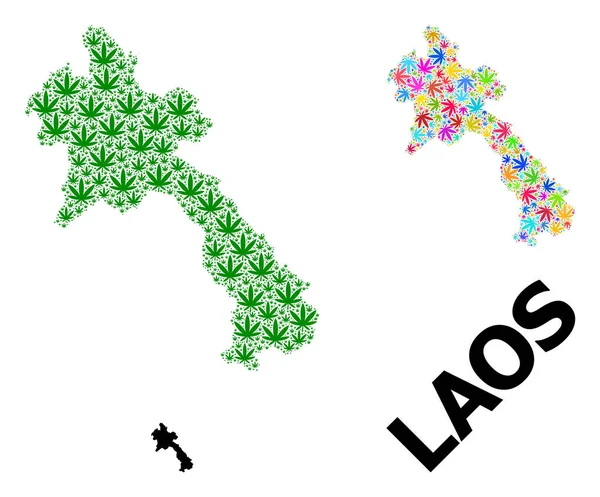 Vector Collage Mapa de Laos de hojas de malezas psicodélicas y verdes y mapa sólido — Vector de stock