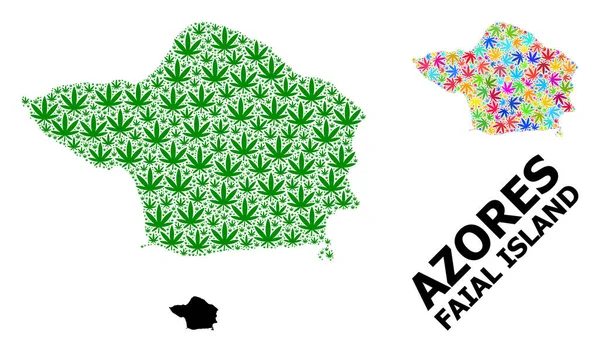 Mapa Vector Collage de la Isla Faial de Hojas de Marihuana Brillante y Verde y Mapa Sólido — Vector de stock