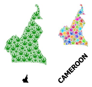 Vektör Mozaik Parlak ve Yeşil Ot Yaprakları Kamerun Haritası ve Katı Harita
