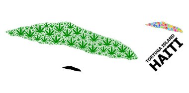 Haiti 'nin Vektör Mozaik Haritası Parlak ve Yeşil kenevir Yaprakları ve Katı Harita Tortuga Adası