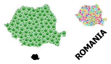 Romanya 'nın Renkli ve Yeşil Ot Yaprakları ve Katı Haritası Vektör Mozaik Haritası