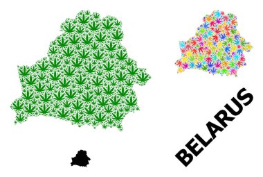 Beyaz Parlak ve Yeşil Kenevir Yaprakları ve Katı Haritanın Vektör Mozaik Haritası