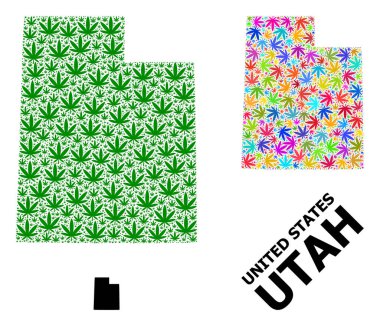 Utah Eyaleti Vektör Mozaik Haritası Renkli ve Yeşil Marihuana Yaprakları ve Katı Harita
