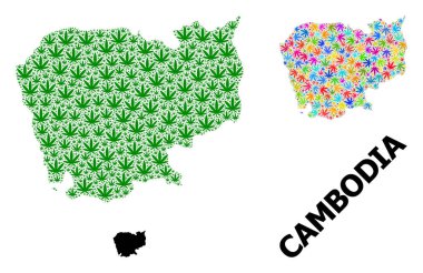 Renkli ve Yeşil Kenevir Yaprakları Kamboçya Vektör Kolajı Haritası