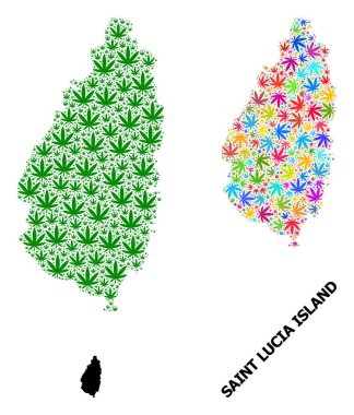 Aziz Lucia Psikedelik Adası 'nın Vektör Mozaik Haritası ve Yeşil Ot Yaprakları ve Katı Harita
