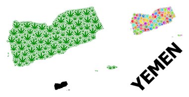 Renkli ve Yeşil Kenevir Yaprakları Yemen 'in Vektör Mozaik Haritası