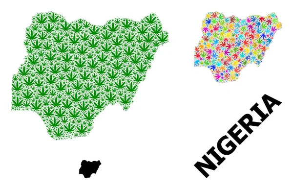 Mapa mosaico vectorial de Nigeria de hojas de malezas brillantes y verdes y mapa sólido — Vector de stock