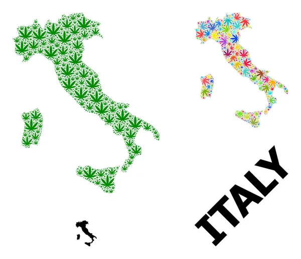 Mappa del Collage Vettoriale d'Italia di Foglie di Cannabis Luminose e Verdi e Mappa Solida — Vettoriale Stock