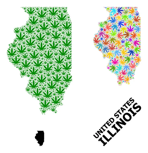 Vector Mosaic Mapa do Estado de Illinois de folhas de Cannabis coloridas e verdes e mapa sólido — Vetor de Stock