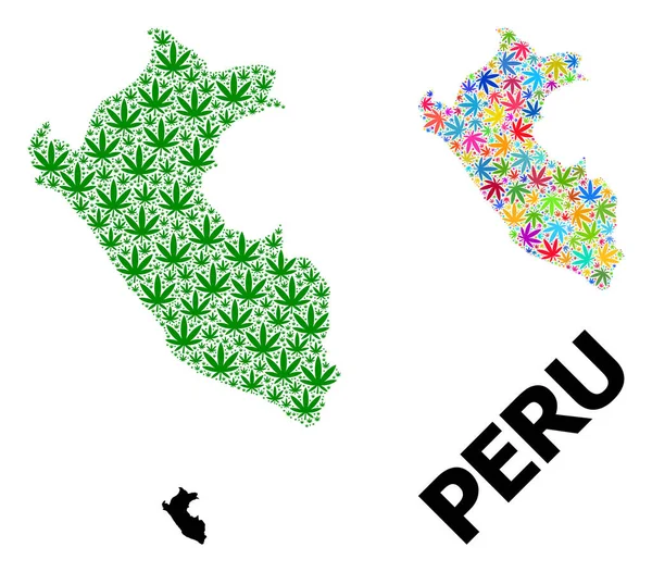 Vektormosaik-Karte von Peru mit bunten und grünen Cannabisblättern und solider Karte — Stockvektor