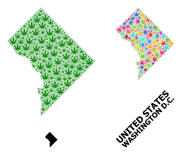 Vector Collage Map of Washington DC of Colored and Green Weed Leaves and Solid Map — 스톡 벡터
