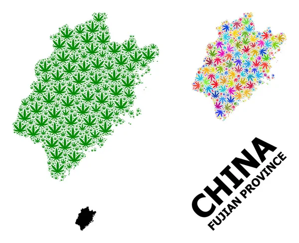 Mapa mosaico vectorial de la provincia de Fujian de hojas de cannabis coloreadas y verdes y mapa sólido — Vector de stock
