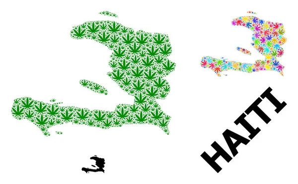Vektor Mosaik Karta över Haiti av ljusa och gröna Cannabis blad och fast karta — Stock vektor