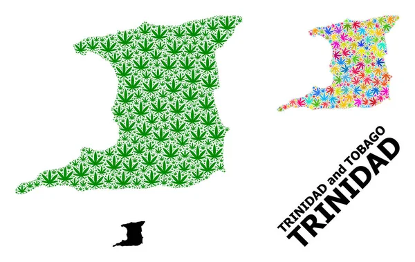 Vector Collage Mapa de Trinidad Isla de hojas de marihuana de colores y verdes y mapa sólido — Vector de stock