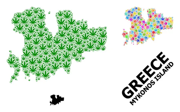Vektorcollage-Karte der Insel Mykonos aus bunten und grünen Unkrautblättern und solider Landkarte — Stockvektor