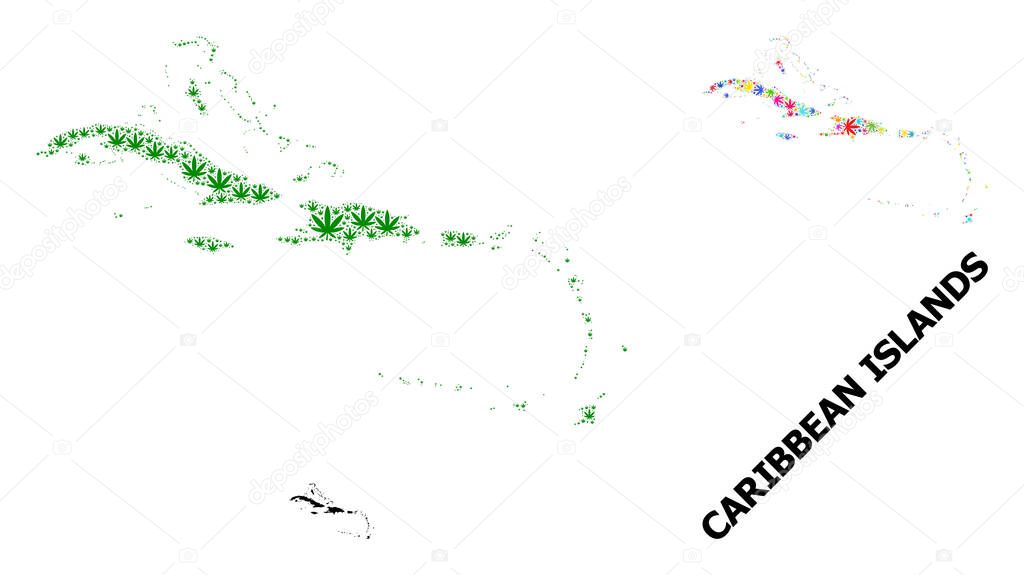 Vector Collage Map of Caribbean Islands of Colored and Green Weed Leaves and Solid Map
