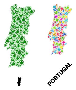 Portekiz 'in Renkli ve Yeşil Marihuana Yaprakları ve Katı Haritası Vektör Mozaik Haritası
