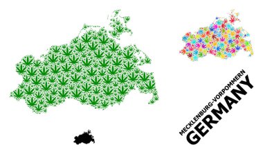 Mecklenburg-Vorpommern Renkli ve Yeşil Ot Yaprakları ve Katı Haritası Vektör Kolajı