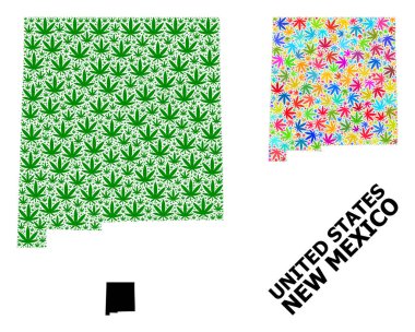 New Mexico 'nun Renkli ve Yeşil Kenevir Yaprakları ve Katı Haritası Vektör Mozaik Haritası