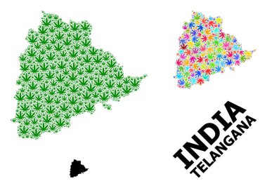 Telangana 'nın Renkli ve Yeşil Kenevir Yaprakları ve Katı Haritası Vektör Mozaik Haritası