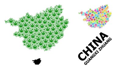 Vector Mozaik Guangxi Zhuang Parlak ve Yeşil kenevir Yaprakları Bölgesi ve Katı Harita