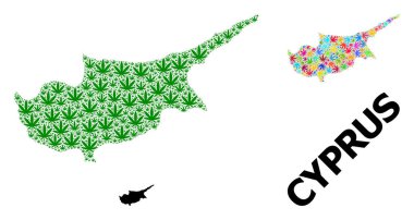 Kıbrıs Rum Kesimi 'nin Yeşil Marihuana Yaprakları ve Katı Haritası Vektör Mozaik Haritası