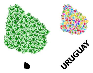 Vektör Mozaik Parlak ve Yeşil Ot Yaprakları Uruguay Haritası ve Katı Harita