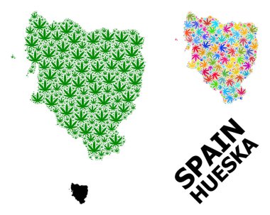 Hueska Eyaleti Vektör Mozaik Haritası Renkli ve Yeşil Kenevir Yaprakları ve Katı Haritası