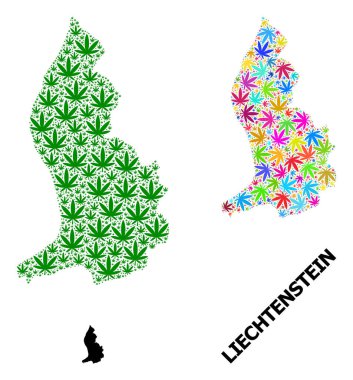 Renkli ve Yeşil Marihuana Yaprakları Lihtenştayn Vektör Kolajı Haritası