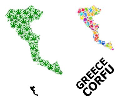 Renkli ve Yeşil Marihuana Yaprakları ve Katı Harita Korfu Adasının Vektör Mozaik Haritası