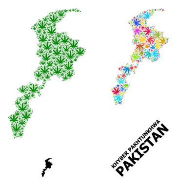 Hayber Pakhtunkhwa Eyaleti Vektör Kolajı Haritası ve Psikedelik ve Yeşil Kenevir Yaprakları ve Katı Harita